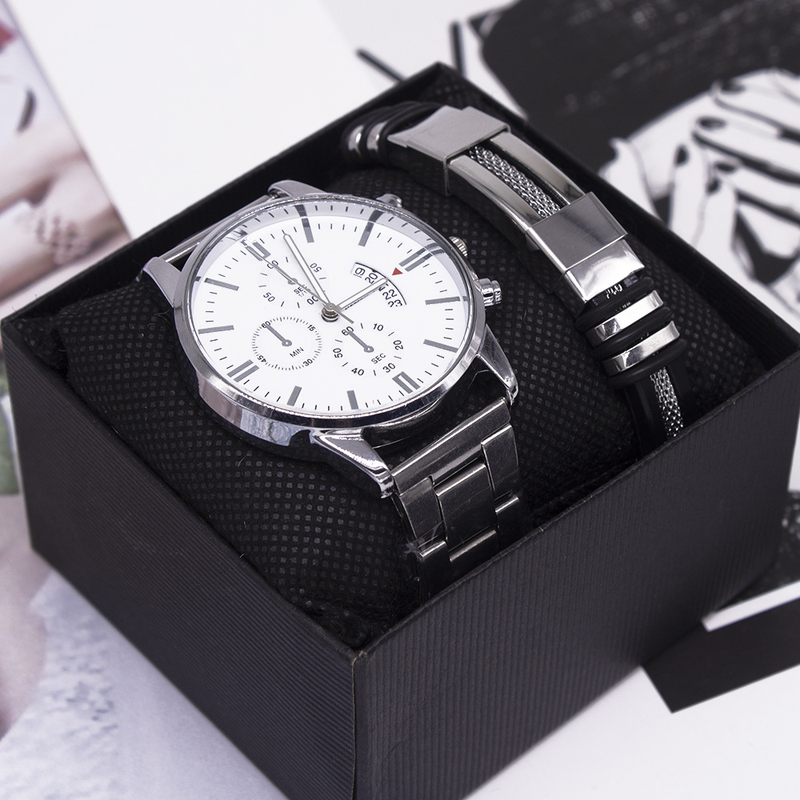Handgelenk Zweiteiliges Armband-Set Business Fashion Kalender Nicht-mechanische Herrenuhr_voghion.com