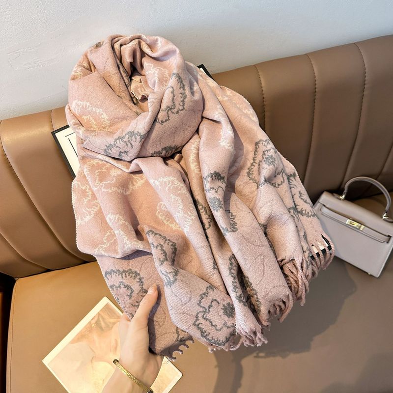 Elegant Camellia Fringe Shawl Scarf - Winter Warm Double-Layered Wrap With Stylish Floral Design, Soft & Cozy For Women_voghion.com