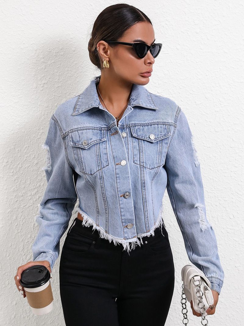 Women's clothing INS Casual loose ripped long-sleeved short denim jacket_voghion.com
