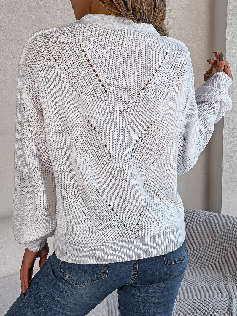 Maglione da donna con scollo a V e maniche a lanterna cava, maglione oversize, top casual in maglia tinta unita_voghion.com
