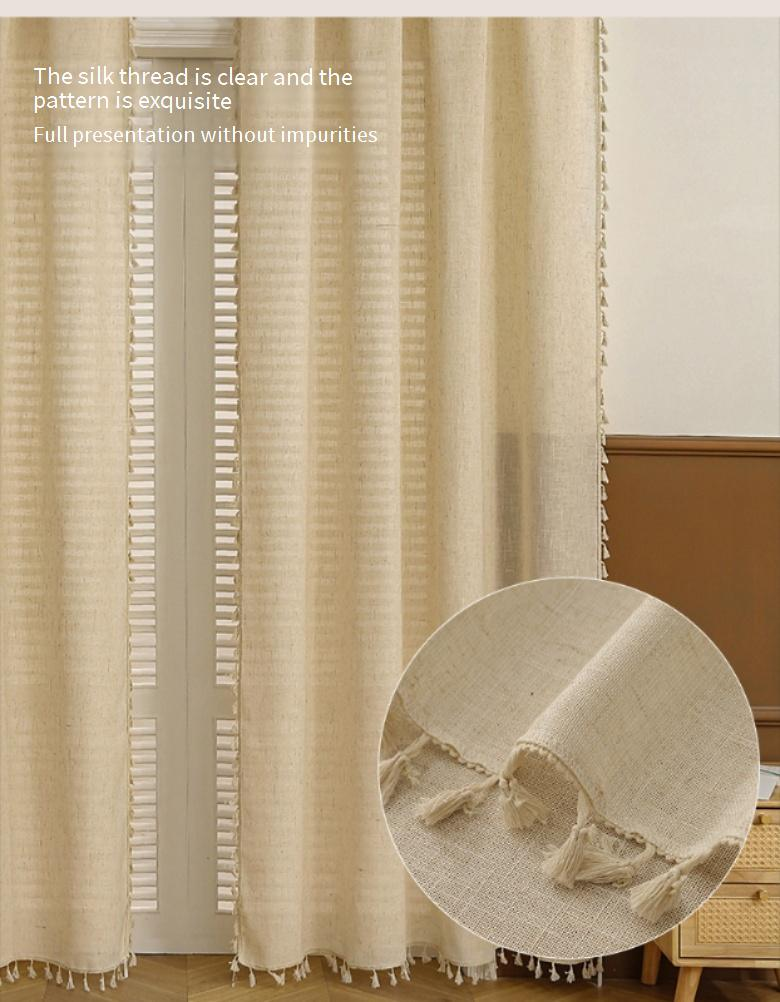 Cortina de puerta tejida de lino de estilo sencillo, estilo artístico, para dormitorio y sala de estar, que transmite luz pero no es transparente._voghion.com