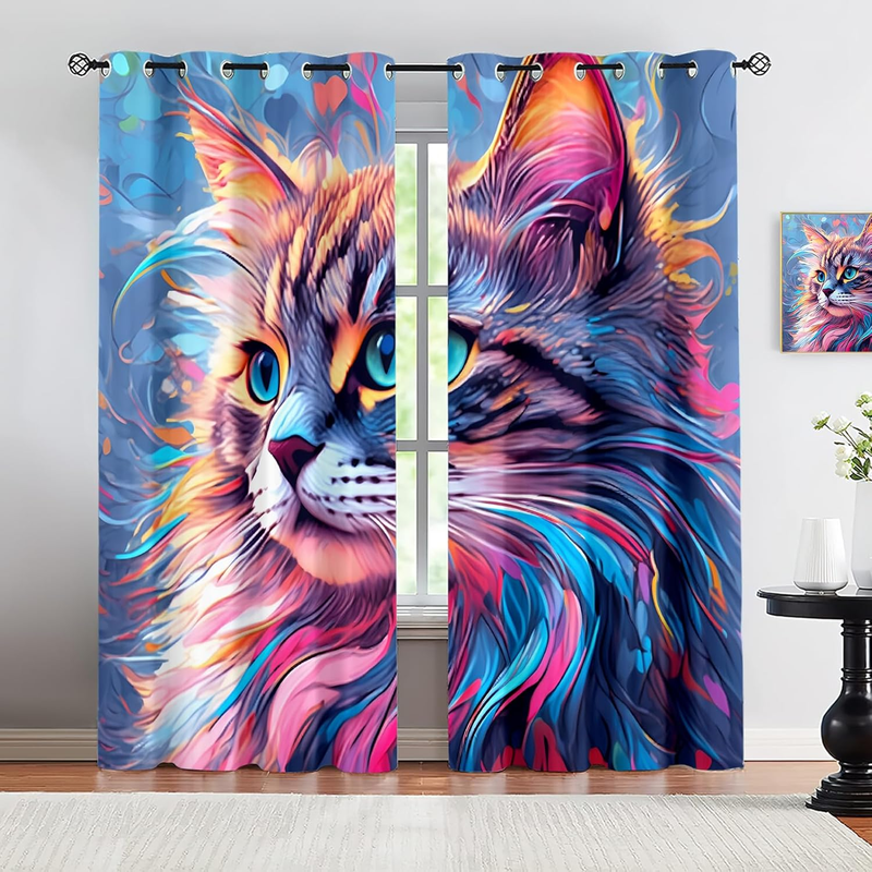 Colorful Cat Blackout Curtains Abstract Art Cat Portrait Patterned Curtains Thermal Insulated Blackout Curtains For Banquet Hall Theater Bedroom_voghion.com