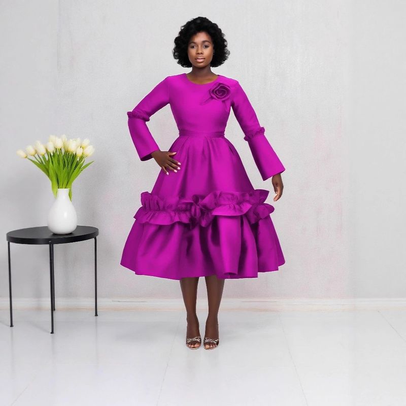 Plus Size Women's Dress With 3D Floral Embroidery, Flared Sleeves & Ruffled Hem – Elegant A-Line Evening Gown In Fuchsia_voghion.com