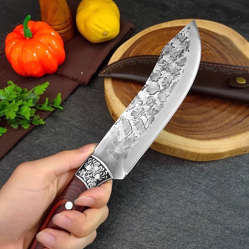 Coltello da disosso professionale forgiato a mano con testa in acciaio intagliato - lama in acciaio inossidabile 4Cr13, impugnatura ergonomica in Pakkawood e fodero in pelle_voghion.com