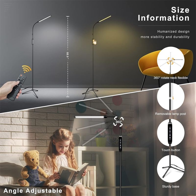 Lampadaire LED lumineux - Minuterie, télécommande, commande tactile, température de couleur réglable et intensité variable pour salon, bureau, extensions de cils_voghion.com