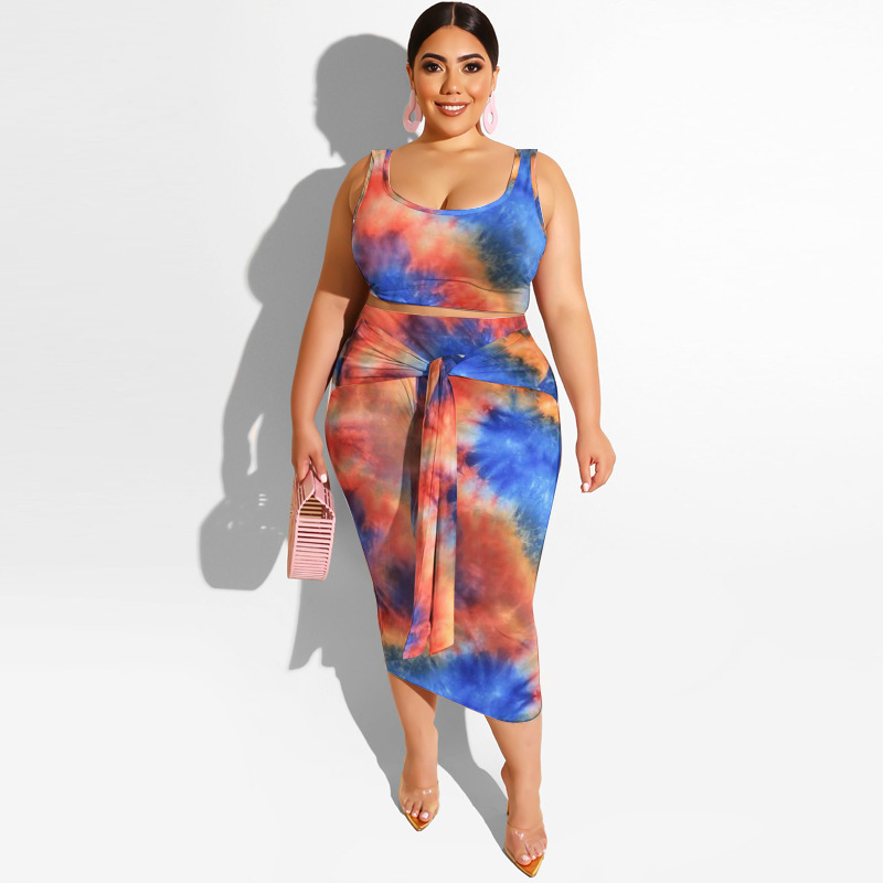 20778 Zomer nieuwe tie-dye print strakke wrap hippe mode casual set dames plus size tweedelige set_voghion.com
