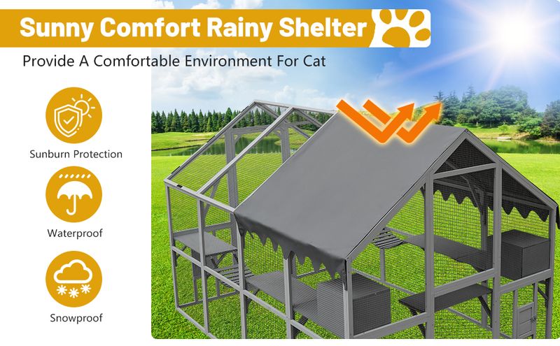 Outdoor Cat House Cat Enclosures 110" Large Kitten Playpen With Platforms,Upgrade Waterproof Cover-grey_voghion.com