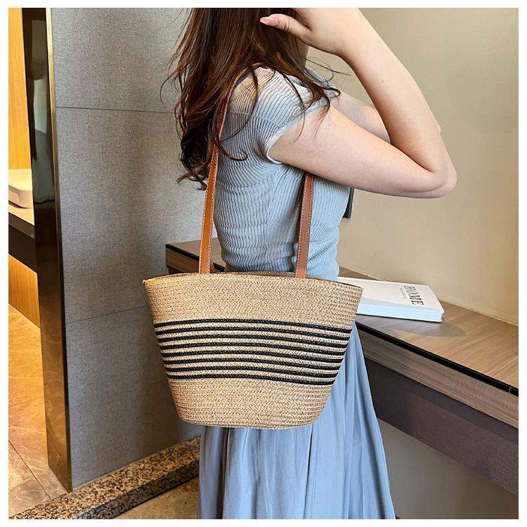 Cotton Rope Woven Bag Women's Large-capacity Bamboo Joint Portable Vegetable Basket Straw Woven Bag Fashionable Versatile Seaside Beach Vacation Bag_voghion.com