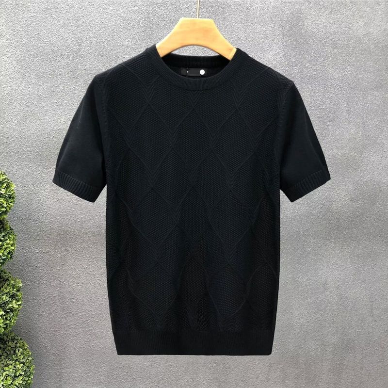 Diamond Plaid White Short Trendy Brand, Sommerunterhemd, Halbarm-Strickpullover, Herren-Slim-Fit-Basis_voghion.com