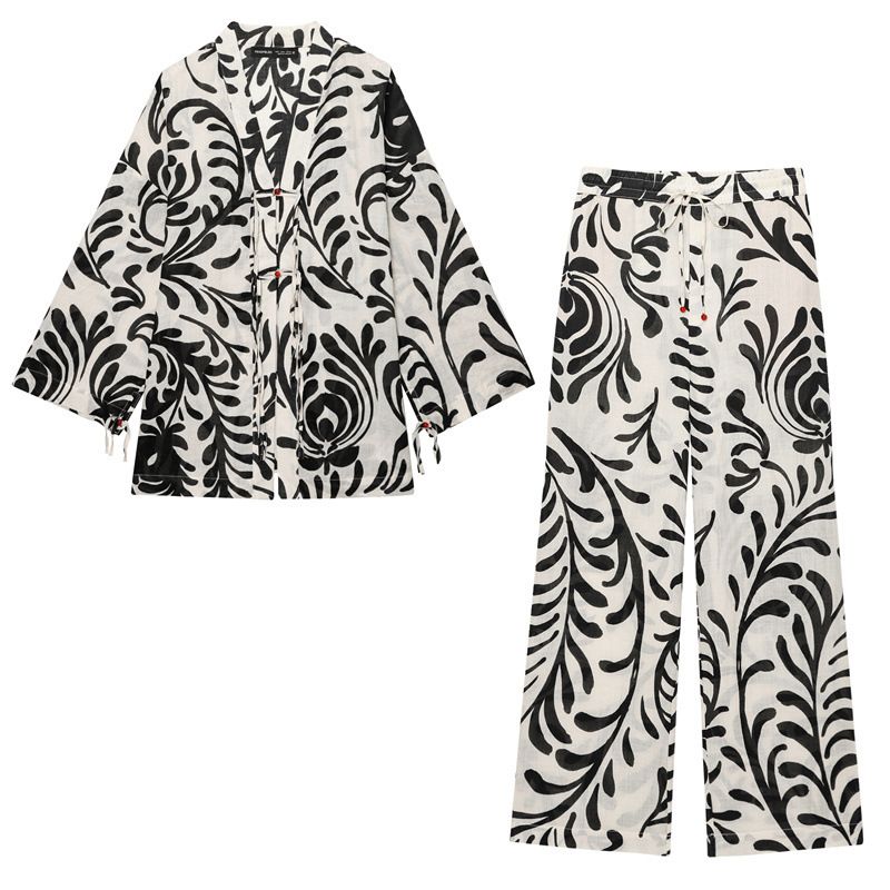 Completo da salotto in raso stampato da donna, novità primaverile: top a maniche lunghe e pantaloni a gamba larga, completo streetwear, comodo ed elegante, XS/S/M/L_voghion.com