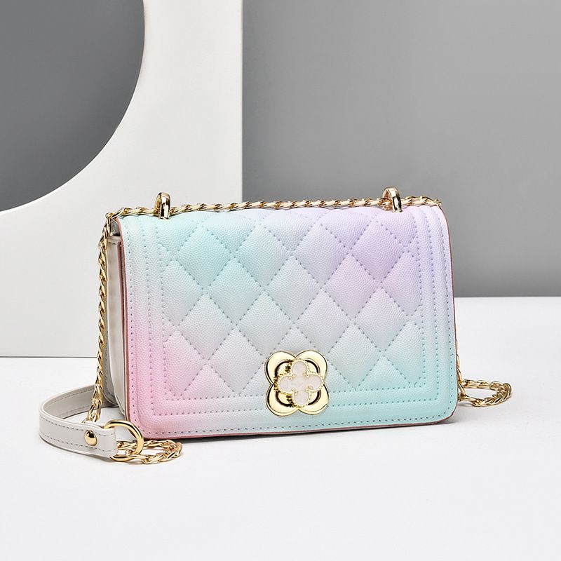 Fashionable 2024 New Gradient Color Small Frrant Wind Diamond Grid Chain Minimalist Temperament Women's One Shoulder_voghion.com