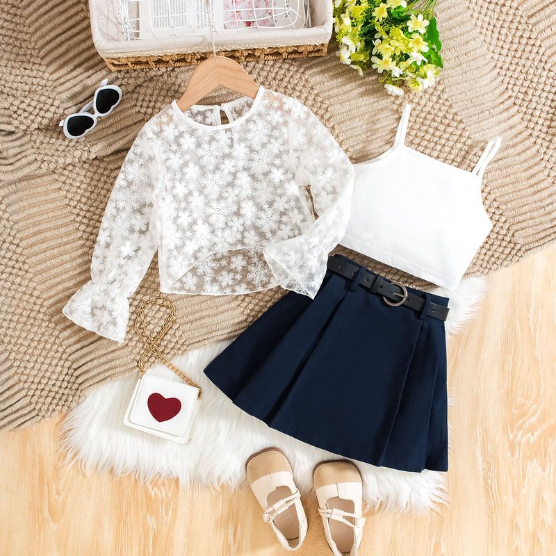 Kinderkleidung für Frühling und Herbst, neuer modischer Anzug für Mädchen, langärmliges Oberteil, Hosenträger, Faltenrock innen, dreiteiliger Anzug_voghion.com