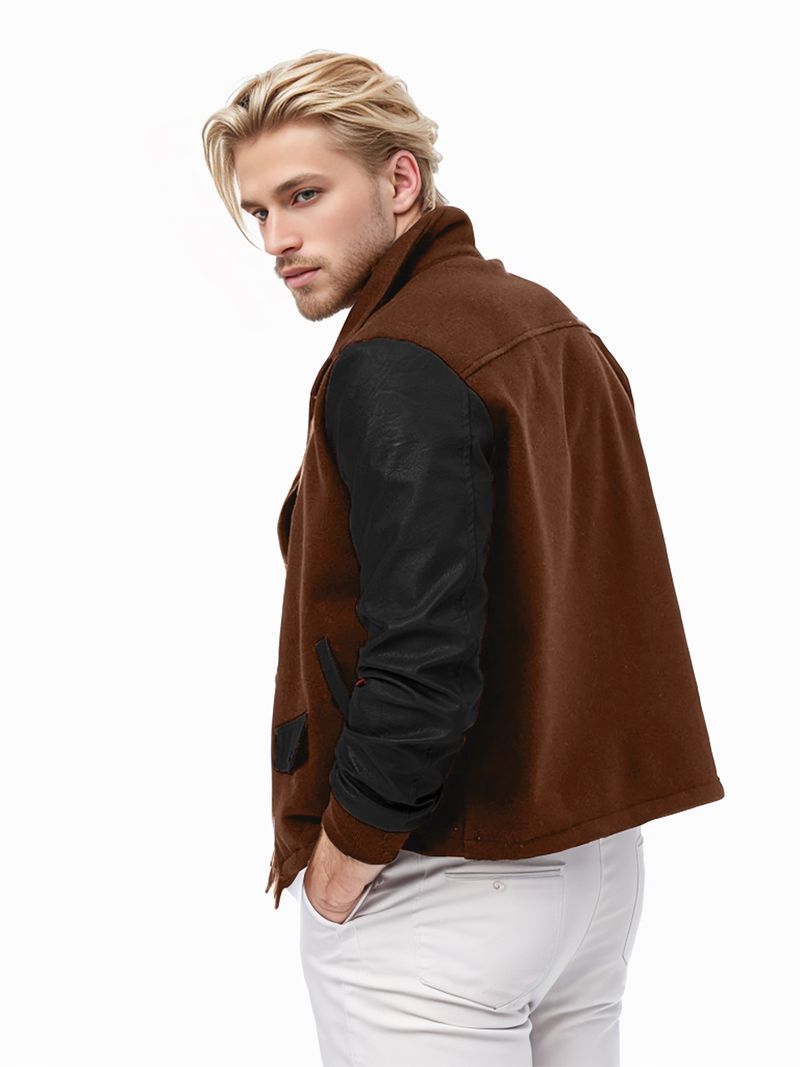 2024 New PU Leather Spliced Woolen Men's Jacket with Collar and Color blocked Zipper Coat_voghion.com