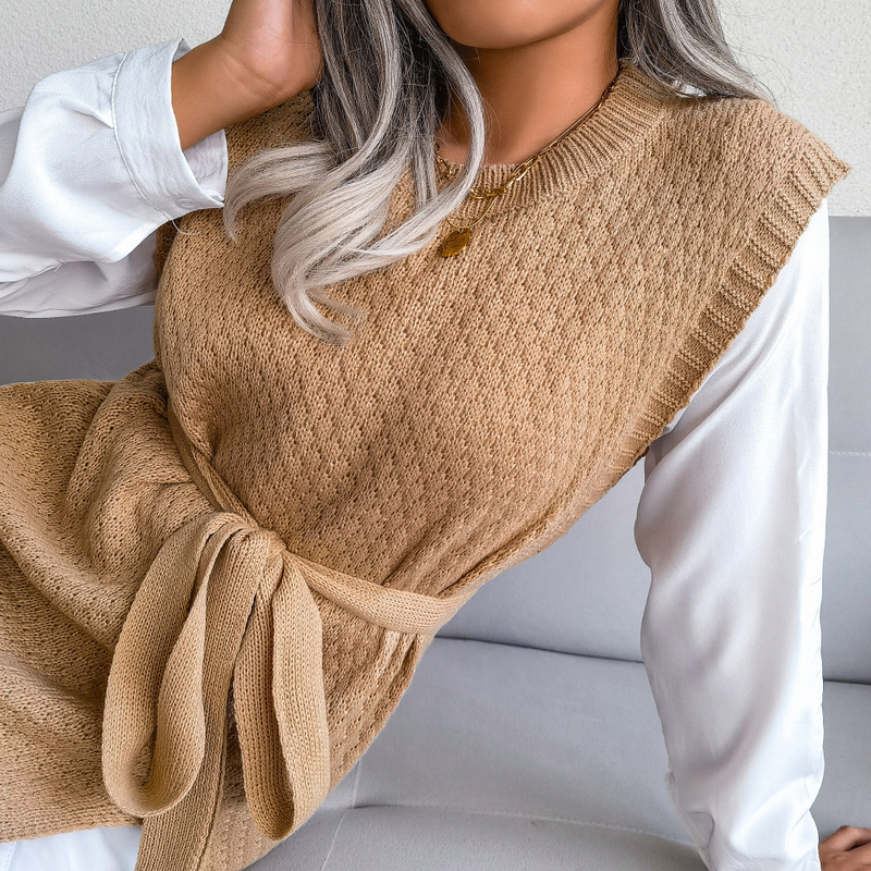 Stile Ins Autunno Inverno Casual Cinghia Cravatta Maglione Vestito Lavorato a Maglia Moda Donna_voghion.com