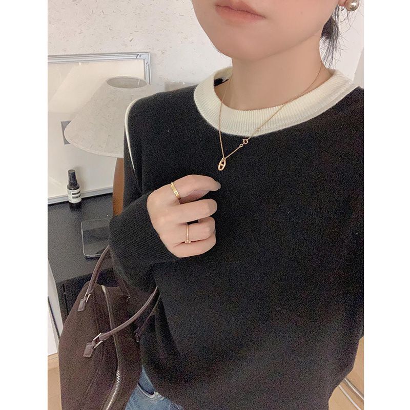 girl High-End Color-Block Round Neck Knitted Base Shirt Women, Slim Fit Pullover Soft Sweater For Spring And Autumn, Long_voghion.com