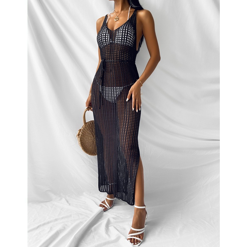 Abito da spiaggia in maglia con scollo a V e schiena scoperta per le donne_voghion.com