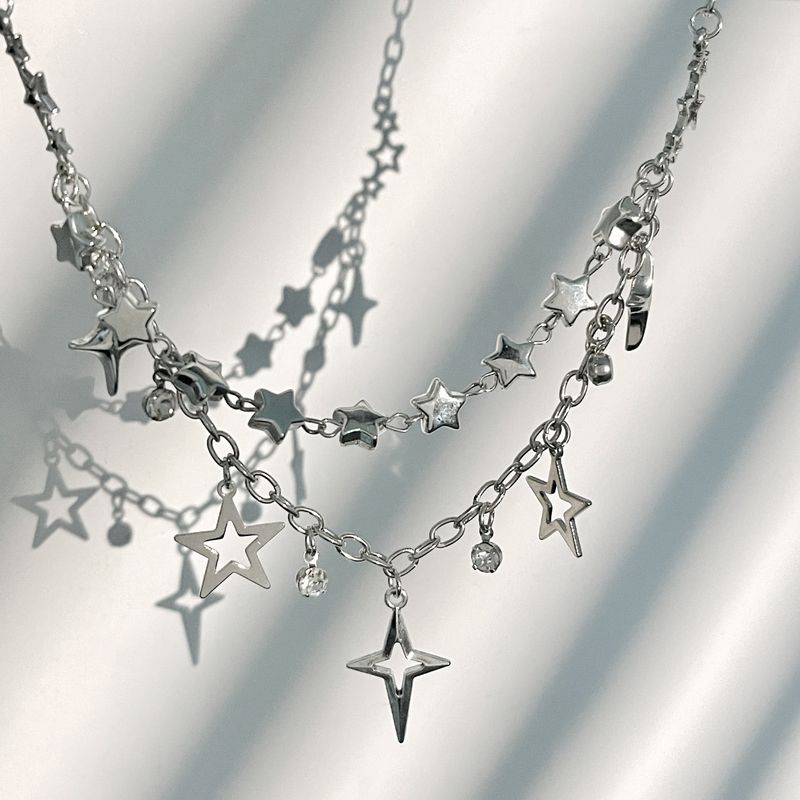 Sweet And Cool Five Pointed Star Pendant Collarbone Chain, Personalized And Simple, Double-layer Spliced Alloy Necklace_voghion.com