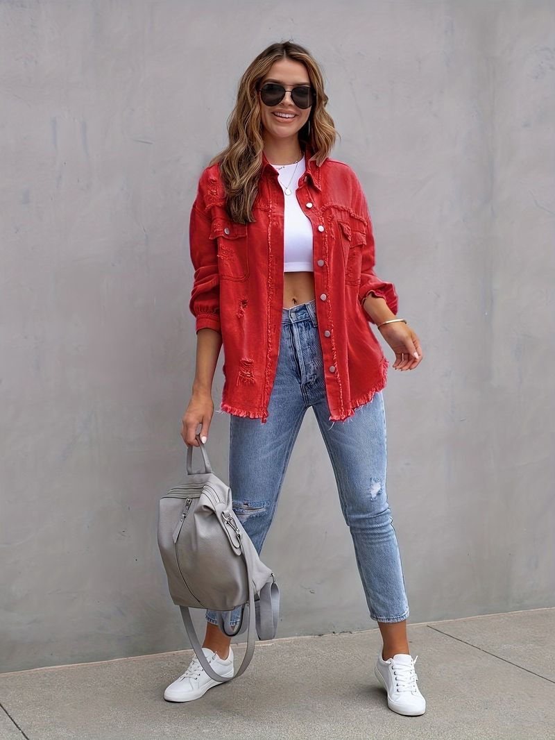 Giacca in denim effetto consumato, camicia oversize a maniche lunghe da donna, stile casual streetwear, cappotto vintage in 16 colori_voghion.com