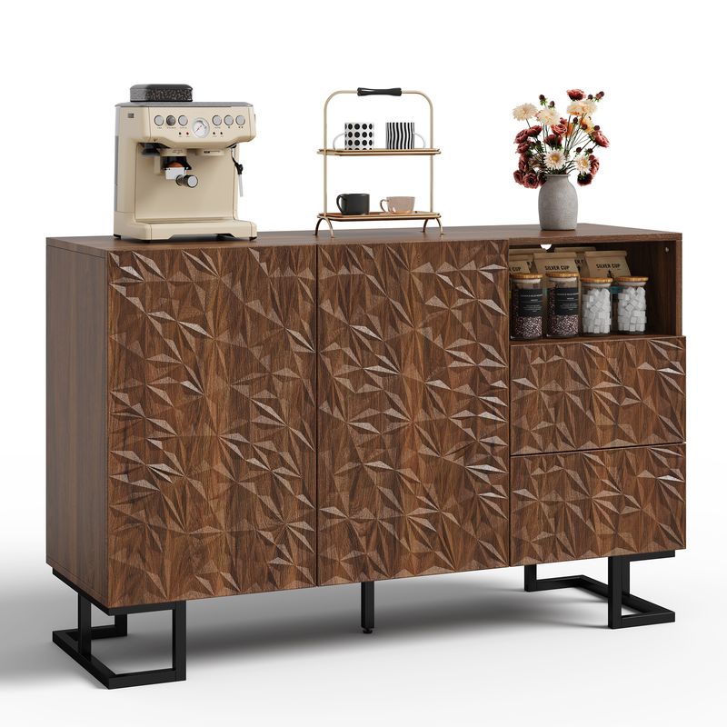 Beistellschrank 120x78,5cm Walnussoptik Mit Blattrelief, 2 Türen & 2 Schubladen_voghion.com
