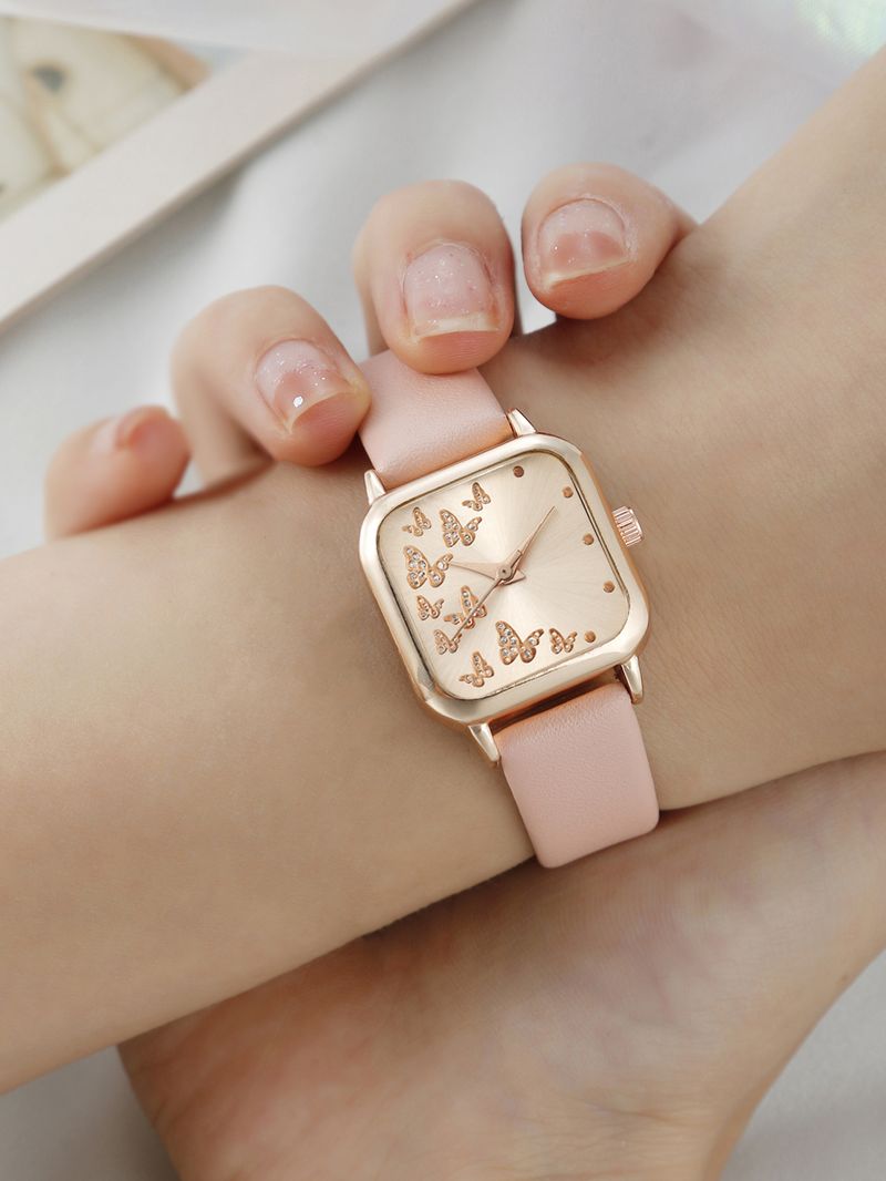 Set di gioielli e orologio da donna vintage a forma di farfalla - Orologio al quarzo con quadrante quadrato, cinturino in pelle e bracciale in perle_voghion.com