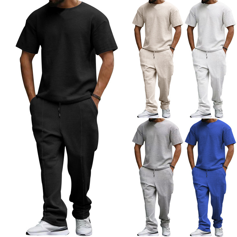 men's short-sleeved trousers suit heavyweight waffle oversize large size round neck casual suit_voghion.com
