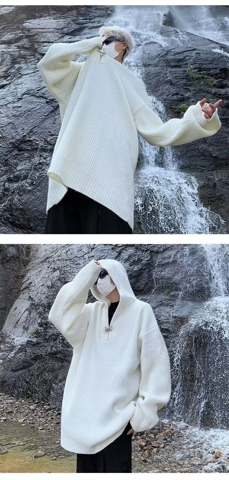 Kapuzenpullover Herren Halboffener Kragen V-Ausschnitt Metallknopf Design Sense Herbst Winter Oberbekleidung Trendy_voghion.com