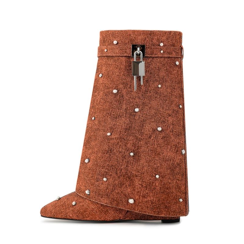 Neue, große Rhie Lockup-Jeansstiefel mit wadenlangen Keilabsatz für Damen_voghion.com
