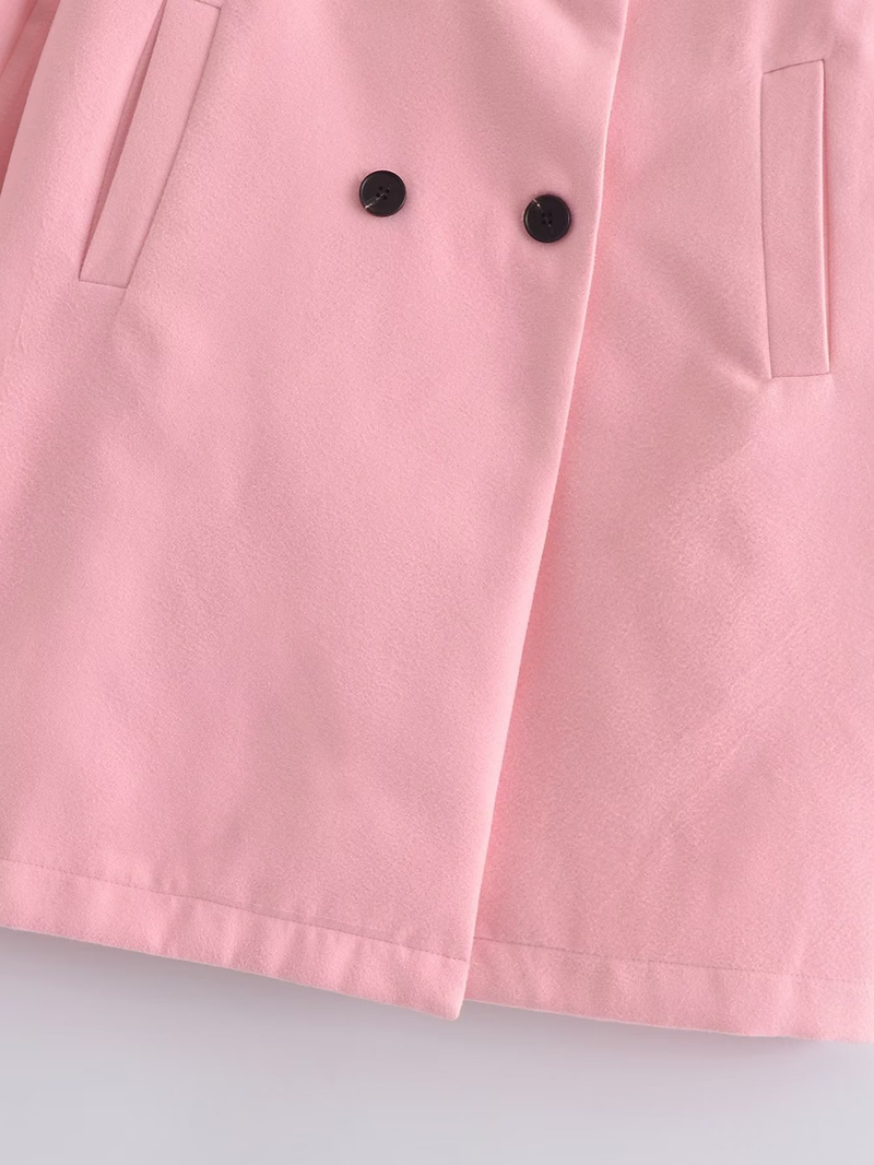 Dames kleine frisse revers lange mouwen dubbelrijs ontwerp roze trenchcoat_voghion.com