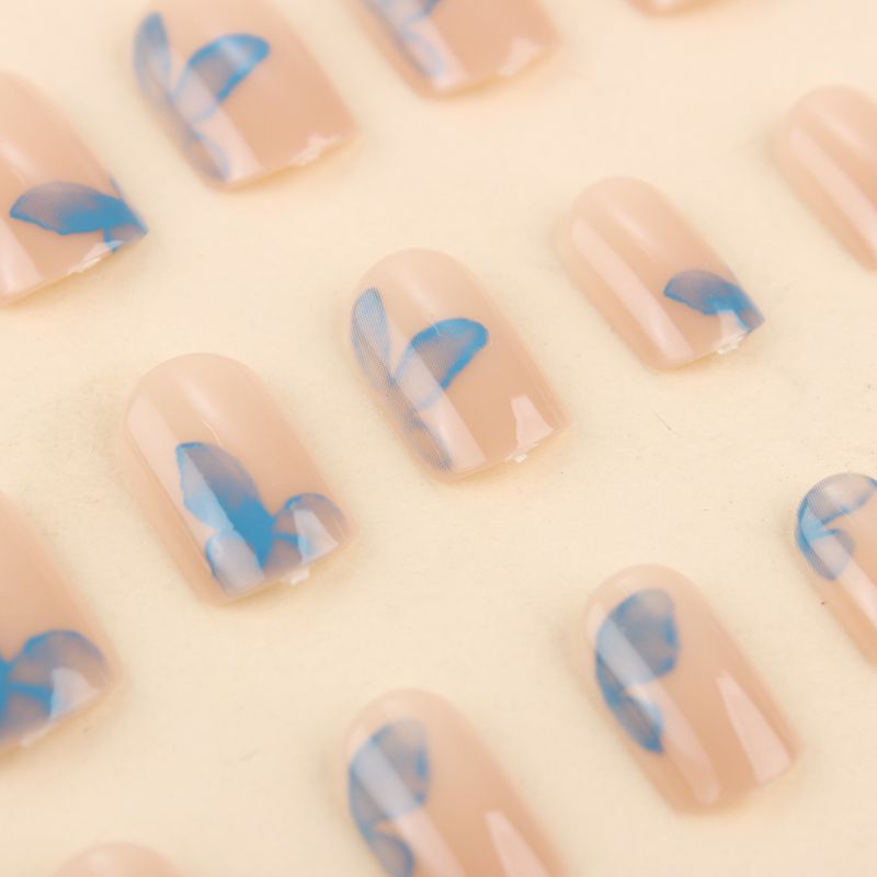 False Nails Wear Short 24 Pieces Of False Nails European Square Simple Small Fresh Blue Butterfly Nail Art Pieces Detachable_voghion.com
