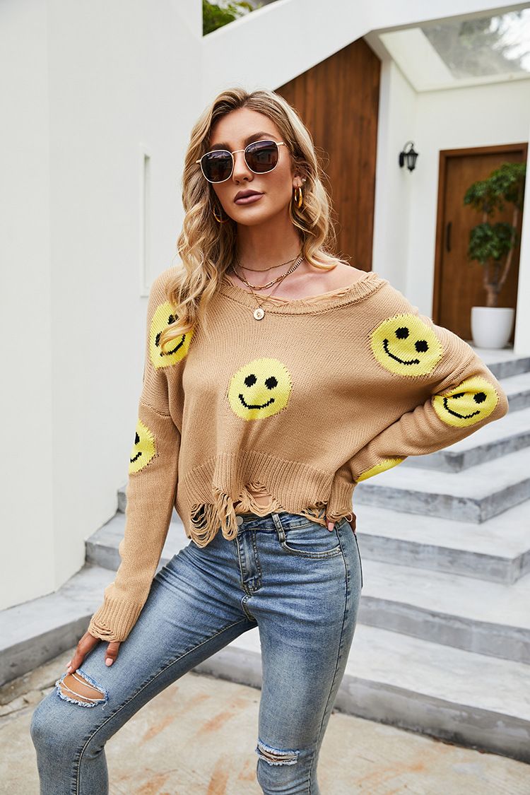 Pull doux transfrontalier pour femmes, joli pull avec visage souriant, nouveau pull ample à manches longues et col en v_voghion.com