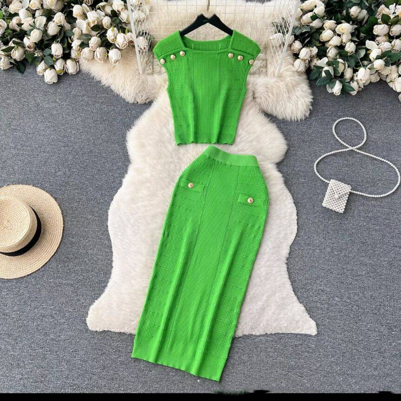 Ropa de mujer tops sin mangas todo combina con falda de cintura alta temperamento estilo dama traje de dos piezas_voghion.com