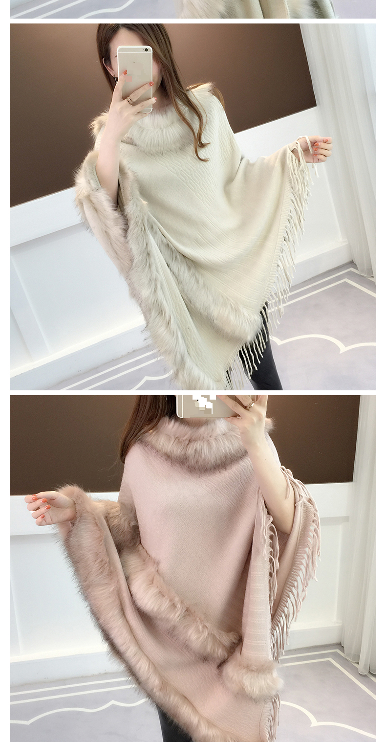 Capa tipo chal con borlas y cuello de piel para mujer, jersey de punto de longitud media_voghion.com
