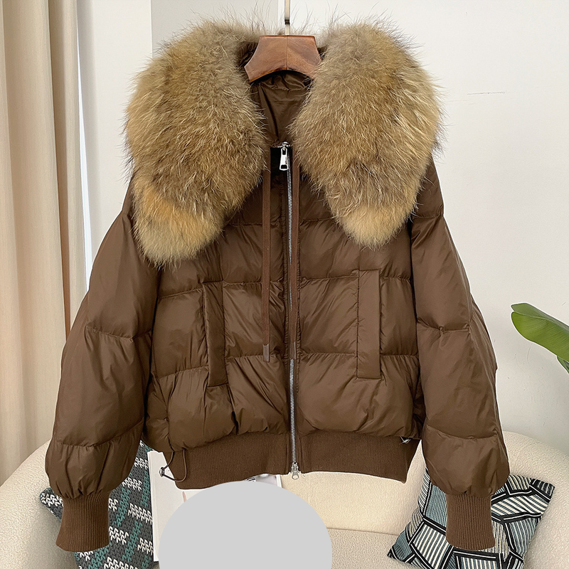 Dameskleding Oversized wasbeerbontkraag Winter Dames korte verdikte witte eendendonsjas platte jas jas_voghion.com
