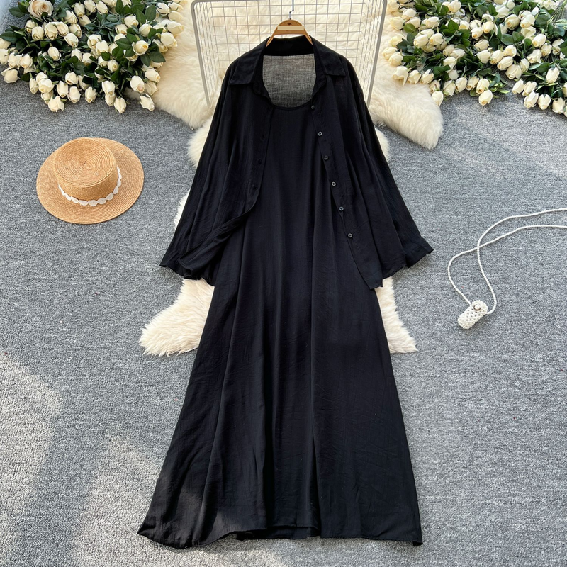 Abito casual da donna in due pezzi, stile casual, casual, per donna, ampio, camicia sottile a maniche lunghe + abito con bretelle coprenti e snellenti_voghion.com