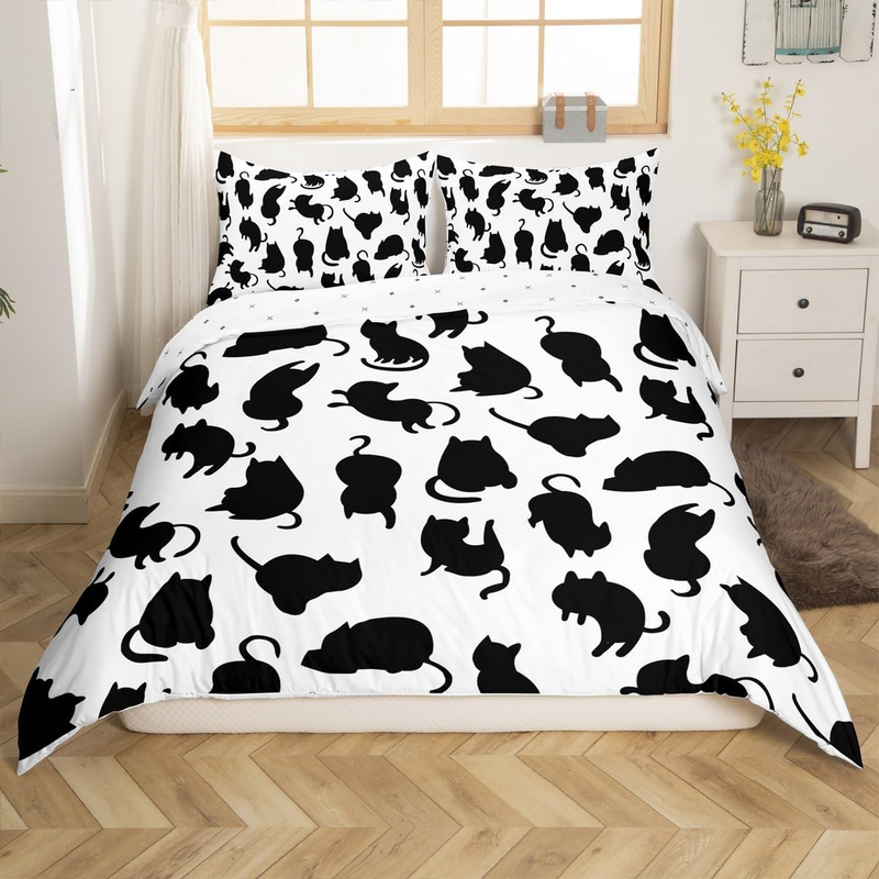 Set copripiumino con stampa di gatti bianchi e neri, per ragazzi, set di biancheria da letto con simpatici gattini, copripiumino con 2 federe, regalo per gli amanti dei gatti._voghion.com