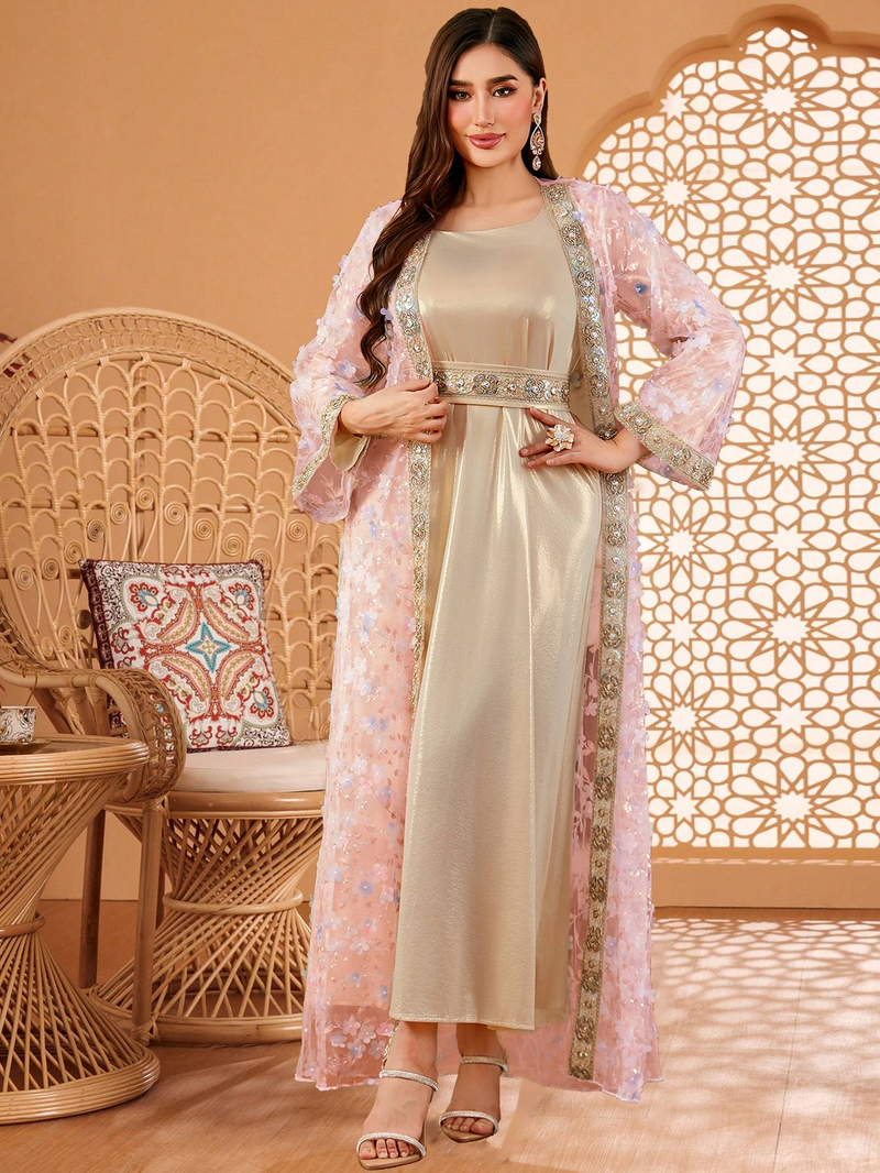 Muslimische Damenbekleidung Neue elegante Luxus bestickte Spitze zweiteilige Robe Abaya_voghion.com