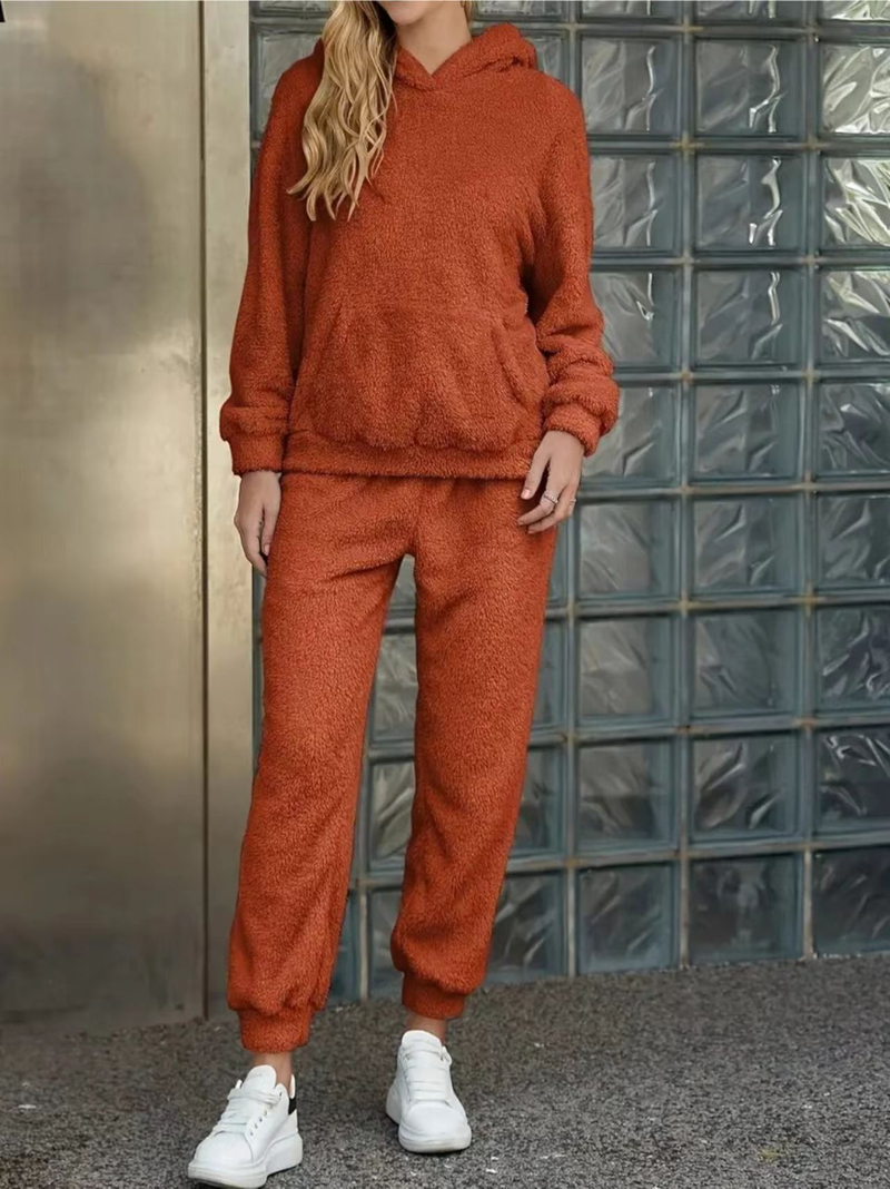 Pigiama da donna autunnali, caldo, con scollo rotondo, due pezzi, tinta unita, casual, comodo, abbigliamento da casa per donna_voghion.com