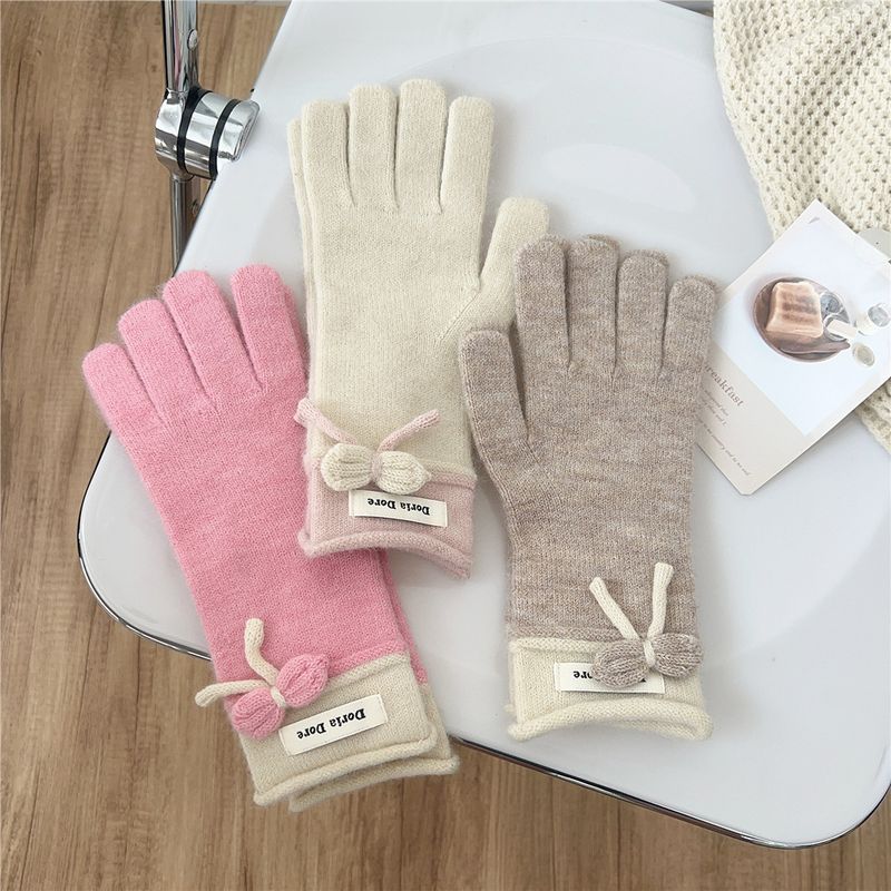 Bowknot Gloves For Girls In Winter, Korean Style, Versatile, Cute For Students, Five-fingered Woolen Knitted, For Couples, Warm For Cycling_voghion.com