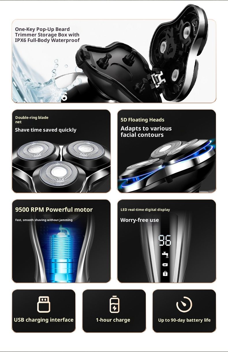 6D Floating Electric Shaver – 3D Rotary Blades, LED Display, IPX7 Waterproof, Ultra-Quiet (<36dB), USB Rechargeable (Silver A109)_voghion.com