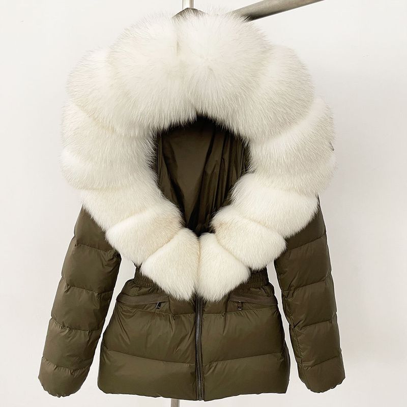 Luxury Faux Fur Trim Hooded Down Jacket For Women, Slim Fit Waist Belt, Warm Winter Coat With Detachable Fox Fur Collar, Polyester Shell_voghion.com