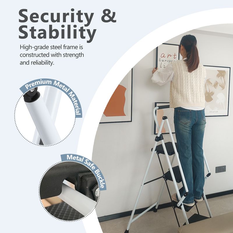 ladder, Folding Ladder Stool, With Anti Slip Wide Pedals, Steel Ladder, With Safety Anti Slip Handle, Lightweight 300 Pound Portable Steel Ladder Stool In White 5 Steps_voghion.com