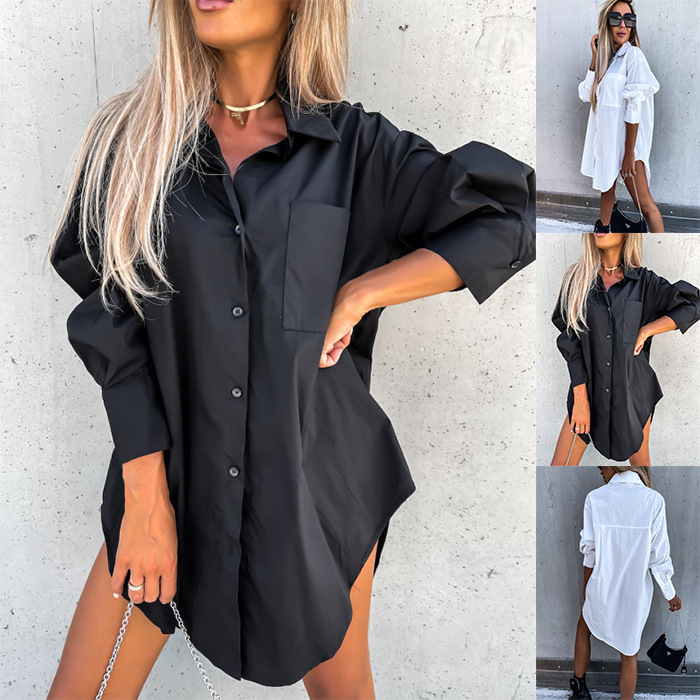 Women's fashion irregular loose long sleeve lapel shirt dress_voghion.com