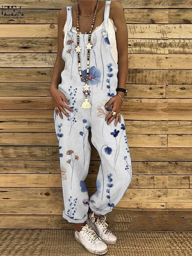 Women's Clothing Women's Cotton Linen Jumpsuit With Floral Print - Sweet Vintage Style Summer Romper, Sleeveless Overalls In 17 Boho Patterns (S-5XL)_voghion.com
