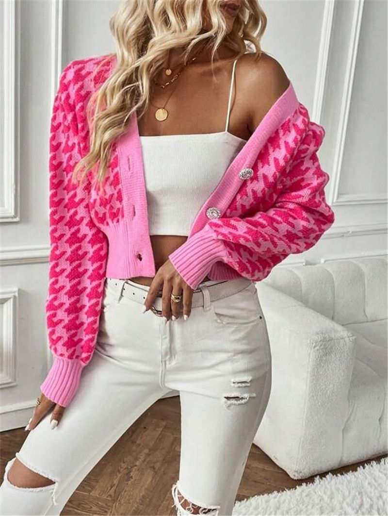 Dameskleding herfst en winter patroon lantaarn mouw gebreide cardigan trui korte jas_voghion.com