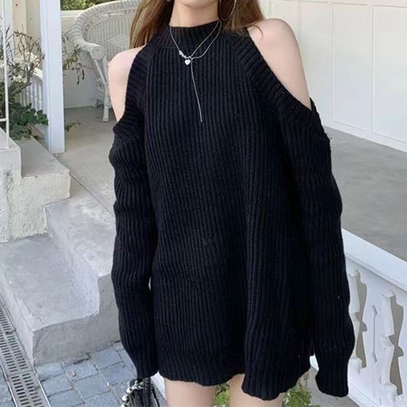Off-the-shoulder Knitted Sweater Women's Commute Pure Desire Wind Thick Needle Hole Medium And Long Women's Sweater Top Tide_voghion.com
