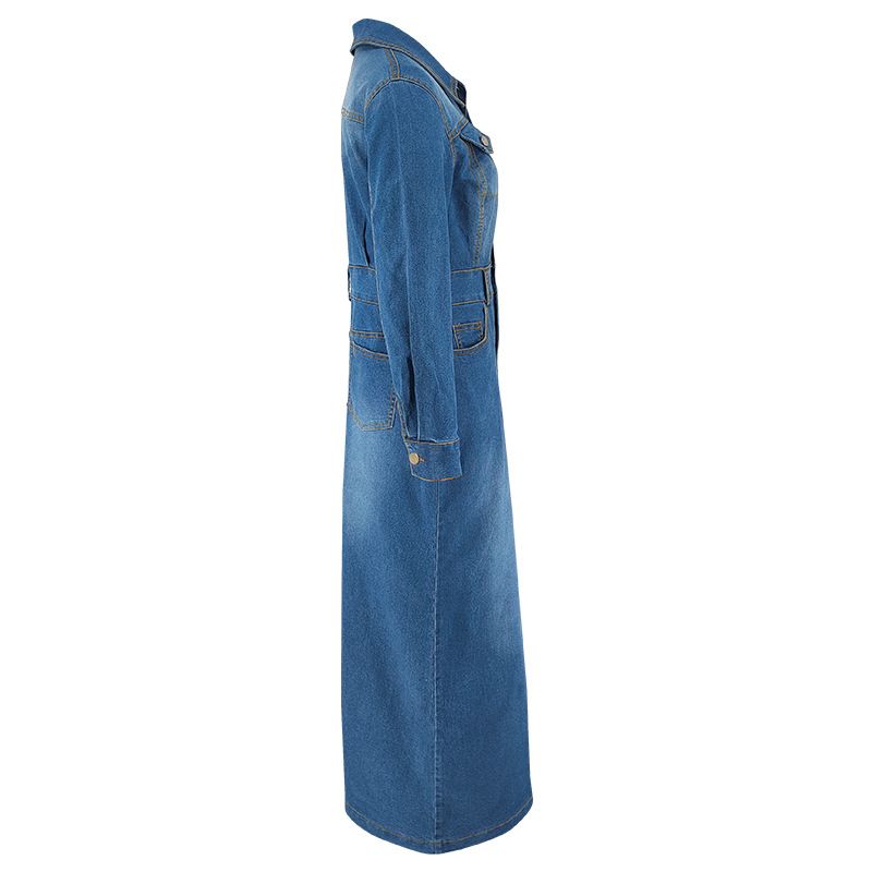 Abito lungo casual da donna in denim rilassato con bottoni sul davanti e spacchi laterali (S-2XL)_voghion.com