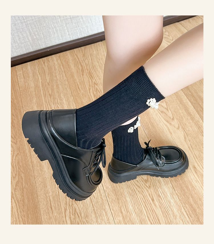 Herbstweiße kleine Lederschuhe für Damen im britischen College-Stil mit Schnürung und dicker Sohle_voghion.com