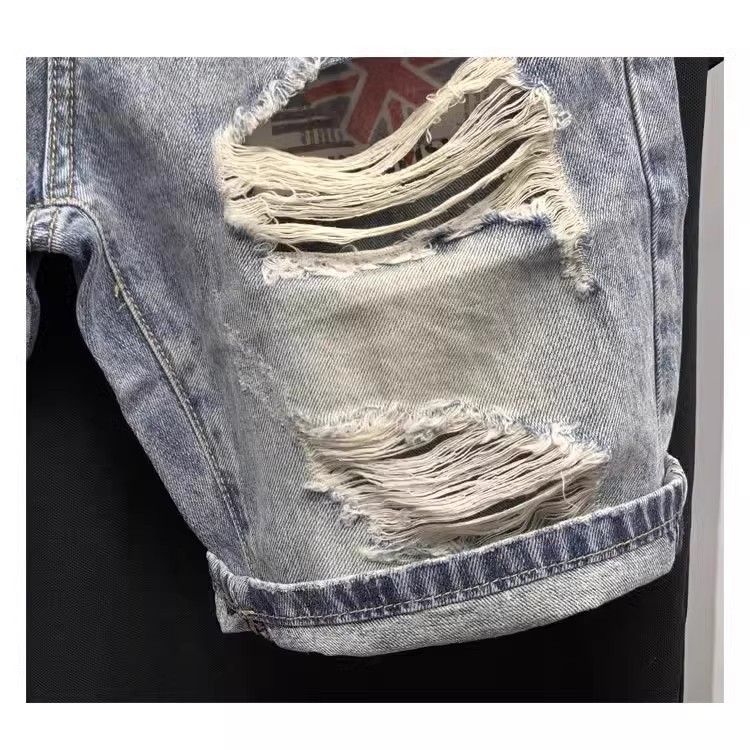 Ripped Denim For Men Summer Thin Stretch Large Size Slim Straight Youth Five-Point Mid-Length Casual Shorts_voghion.com