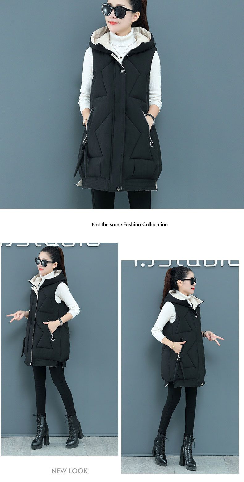Gesteppte Pufferweste für Damen, lang, ärmellos, warm, für den Winter, mit Kapuze, lässig, schick, für den Pendler_voghion.com