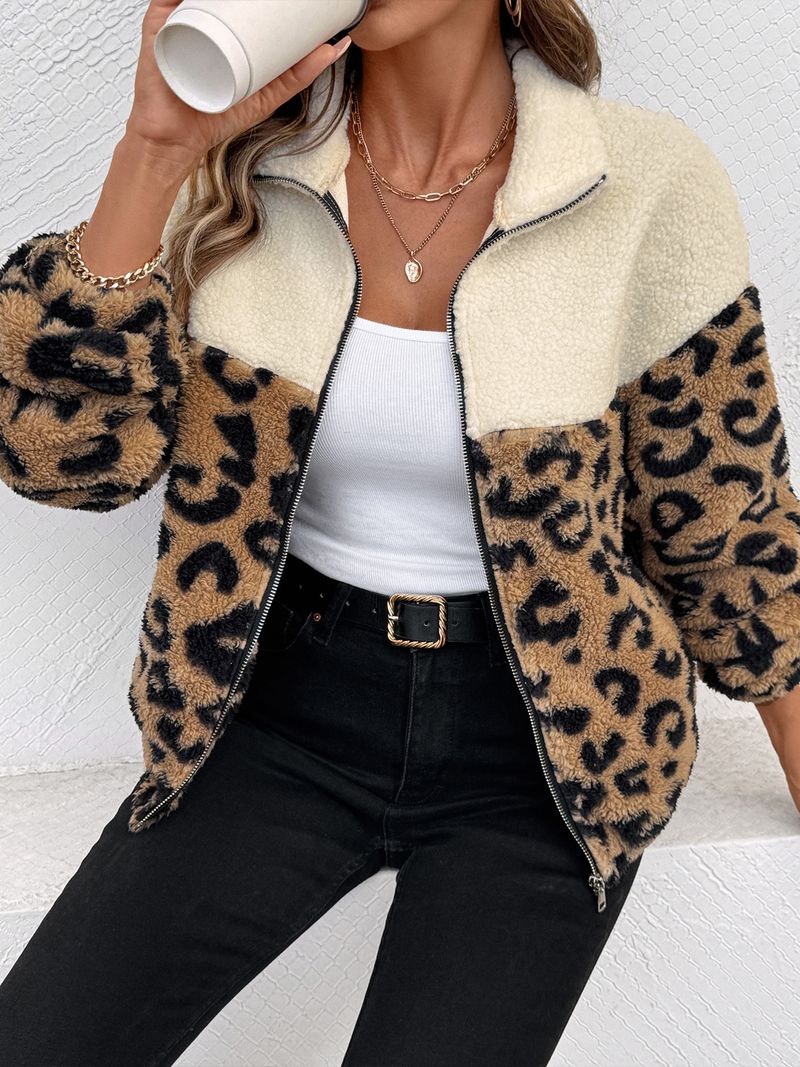 Damenmantel aus Kunstpelz mit Leopardenmuster – Übergroße Winterjacke mit Stehkragen für einen mutigen Stil (Beige, S-XL)_voghion.com